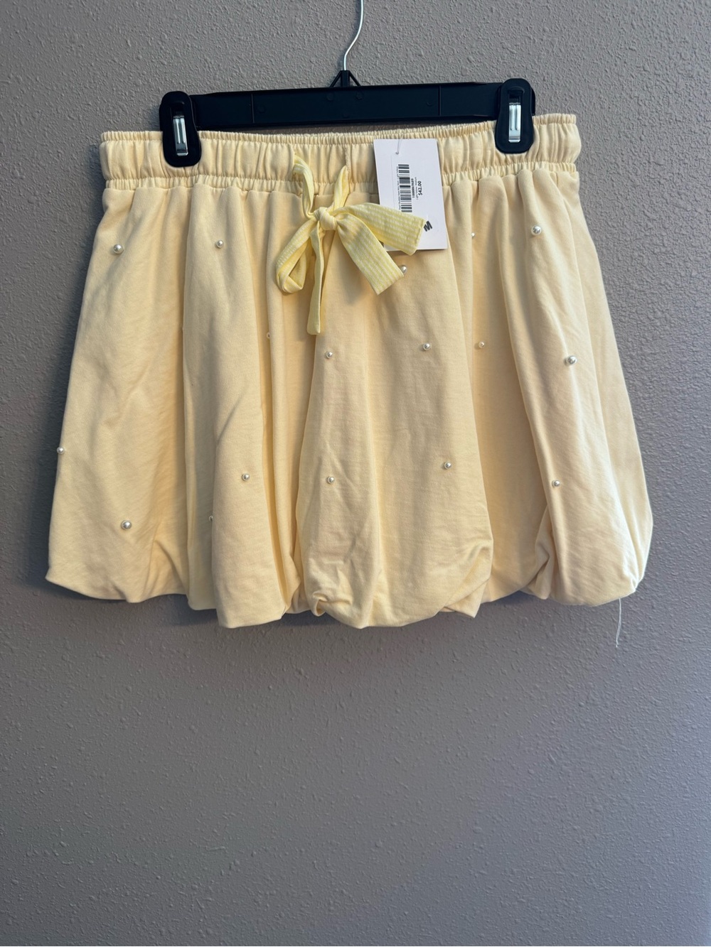 Peach Love California Pale Yellow Pearled Bubble Mini Skirt